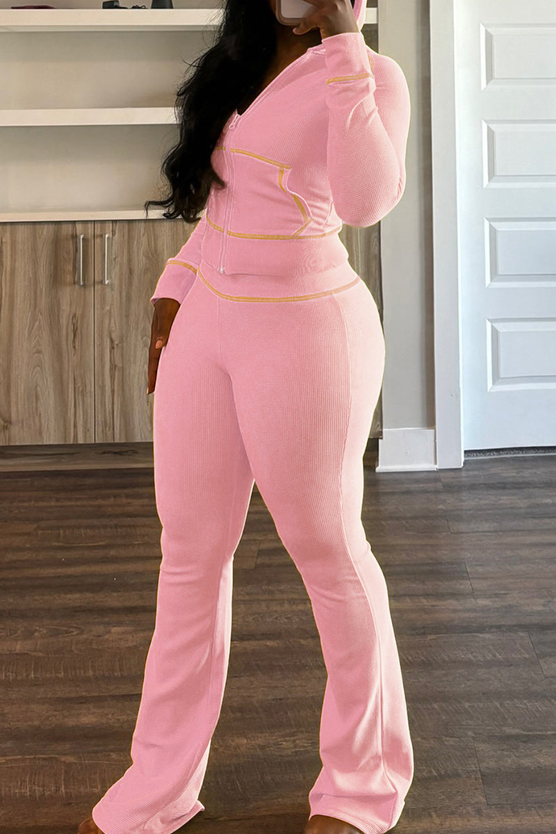 Hooded Long Sleeve Pocket Zipper Crop Jackets And Flare Leg Pants Two Pieces Jogger Sets