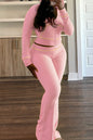 Hooded Long Sleeve Pocket Zipper Crop Jackets And Flare Leg Pants Two Pieces Jogger Sets
