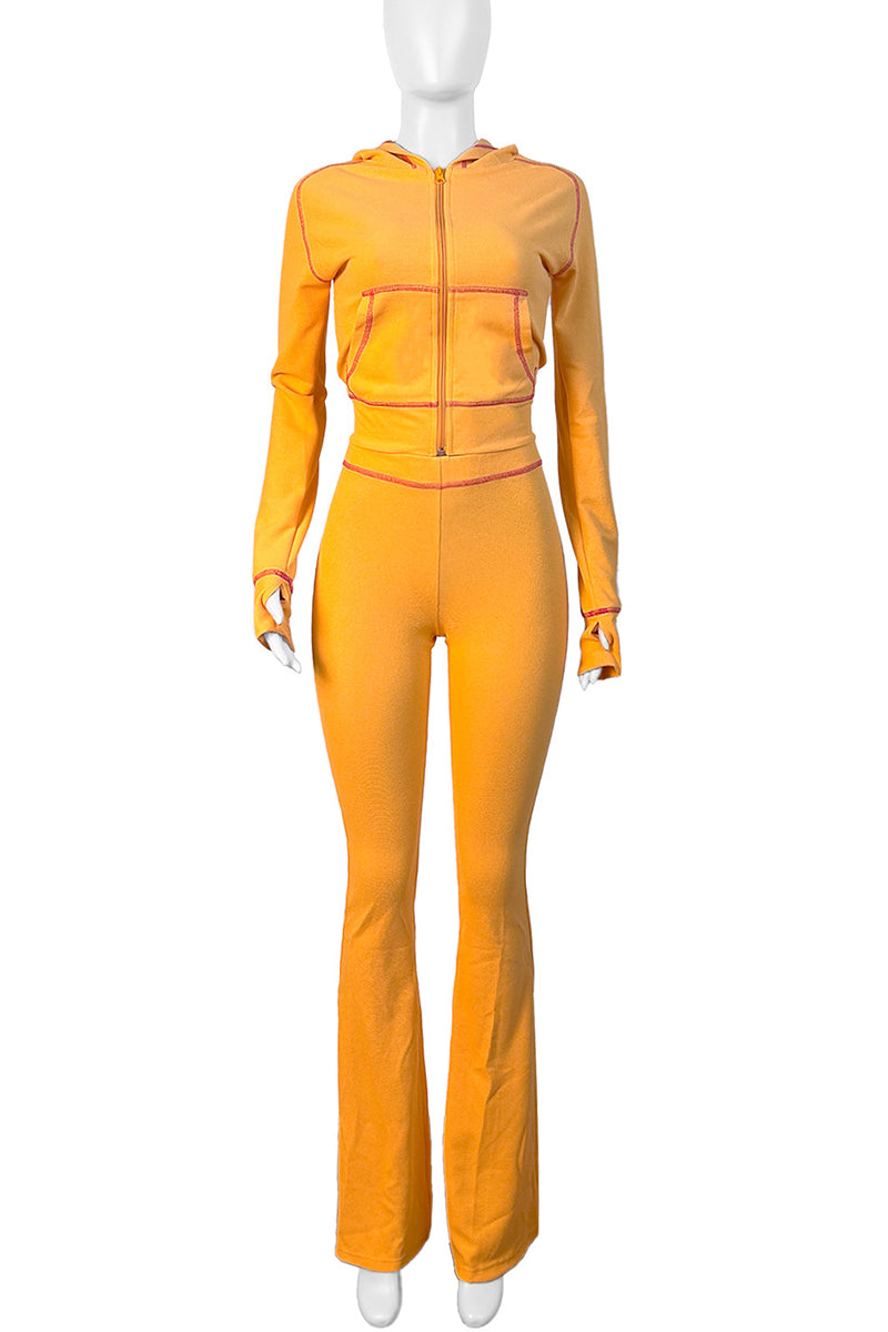 Hooded Long Sleeve Pocket Zipper Crop Jackets And Flare Leg Pants Two Pieces Jogger Sets