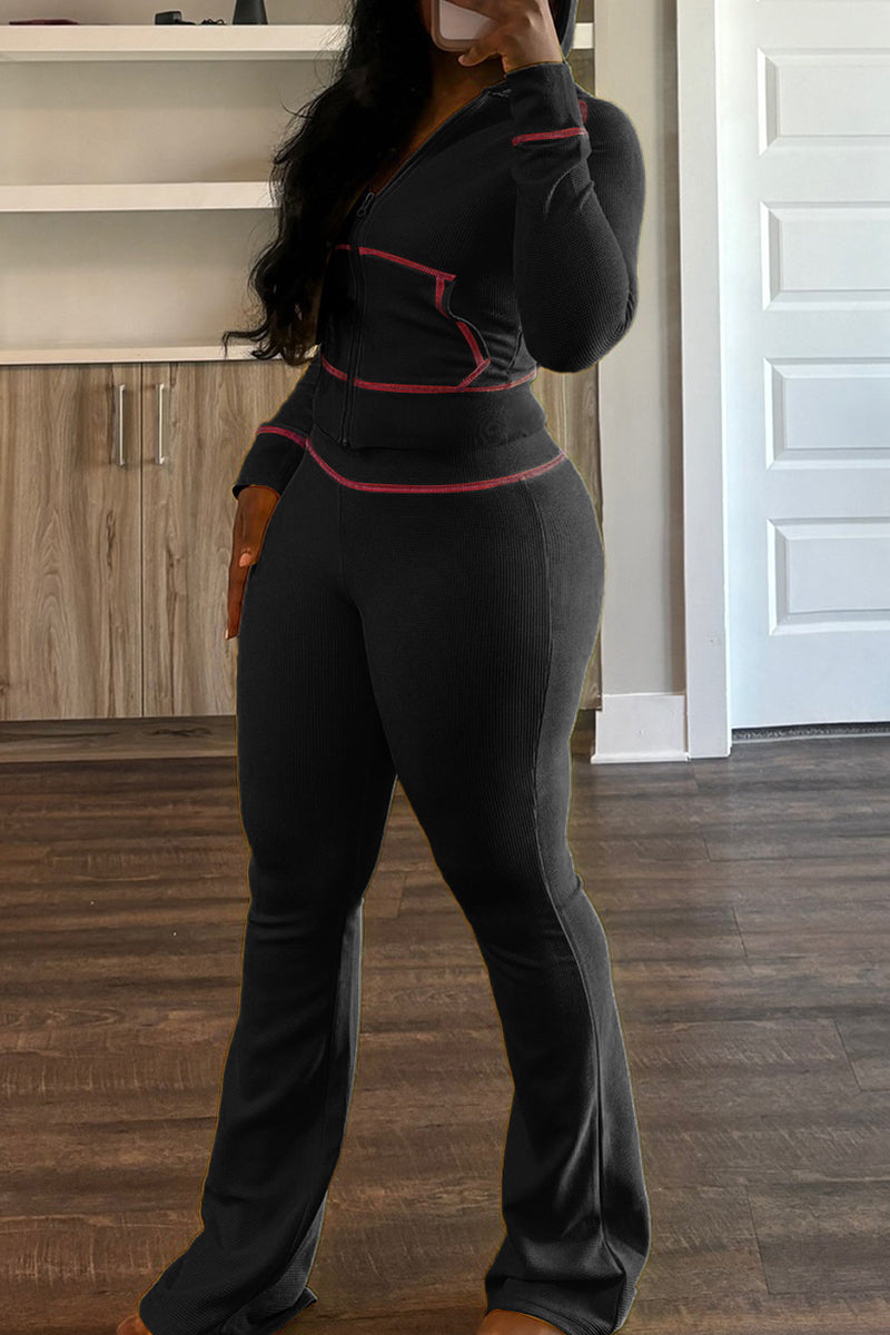 Hooded Long Sleeve Pocket Zipper Crop Jackets And Flare Leg Pants Two Pieces Jogger Sets