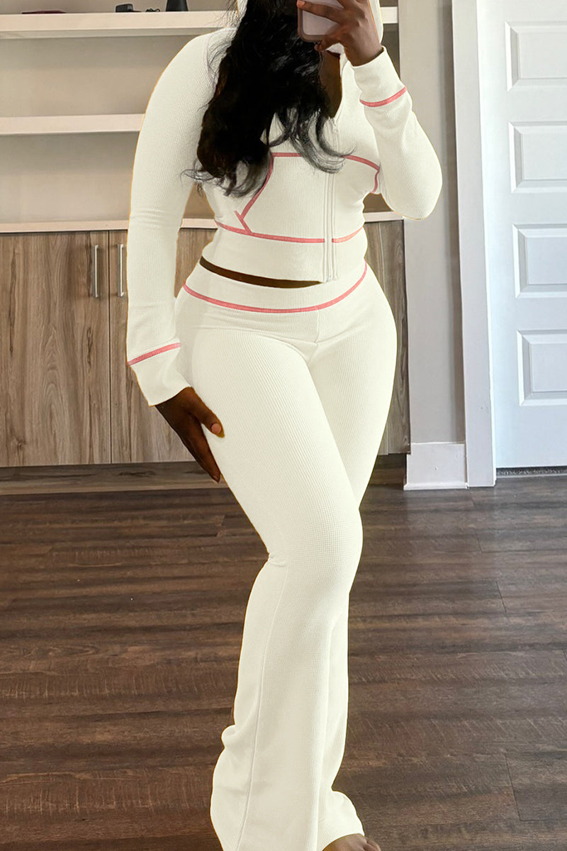Hooded Long Sleeve Pocket Zipper Crop Jackets And Flare Leg Pants Two Pieces Jogger Sets