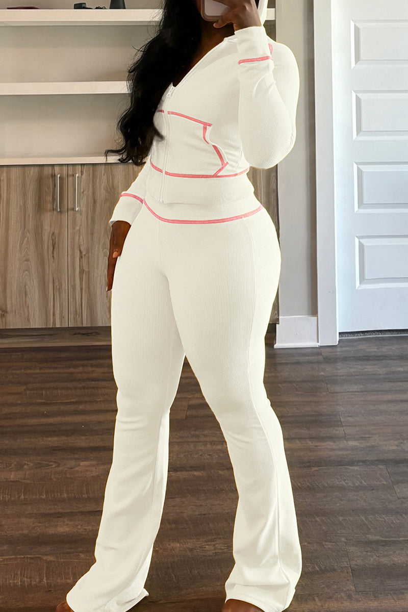 Hooded Long Sleeve Pocket Zipper Crop Jackets And Flare Leg Pants Two Pieces Jogger Sets