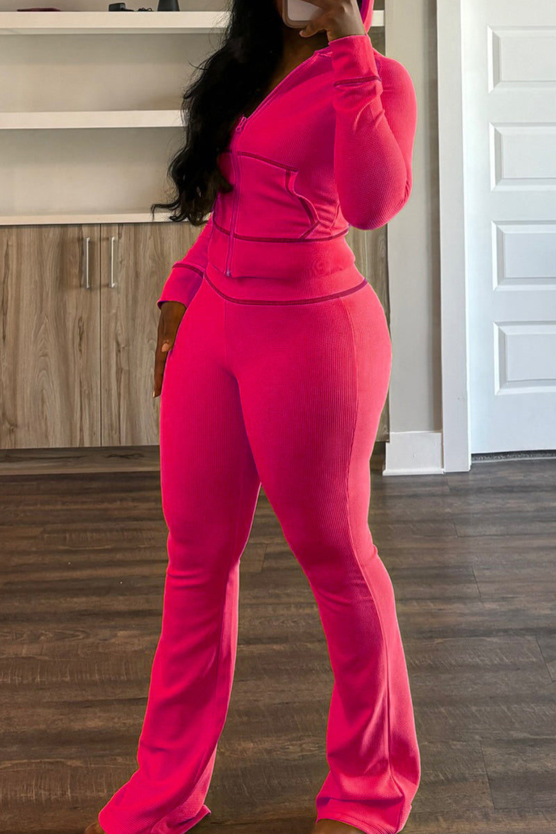 Hooded Long Sleeve Pocket Zipper Crop Jackets And Flare Leg Pants Two Pieces Jogger Sets
