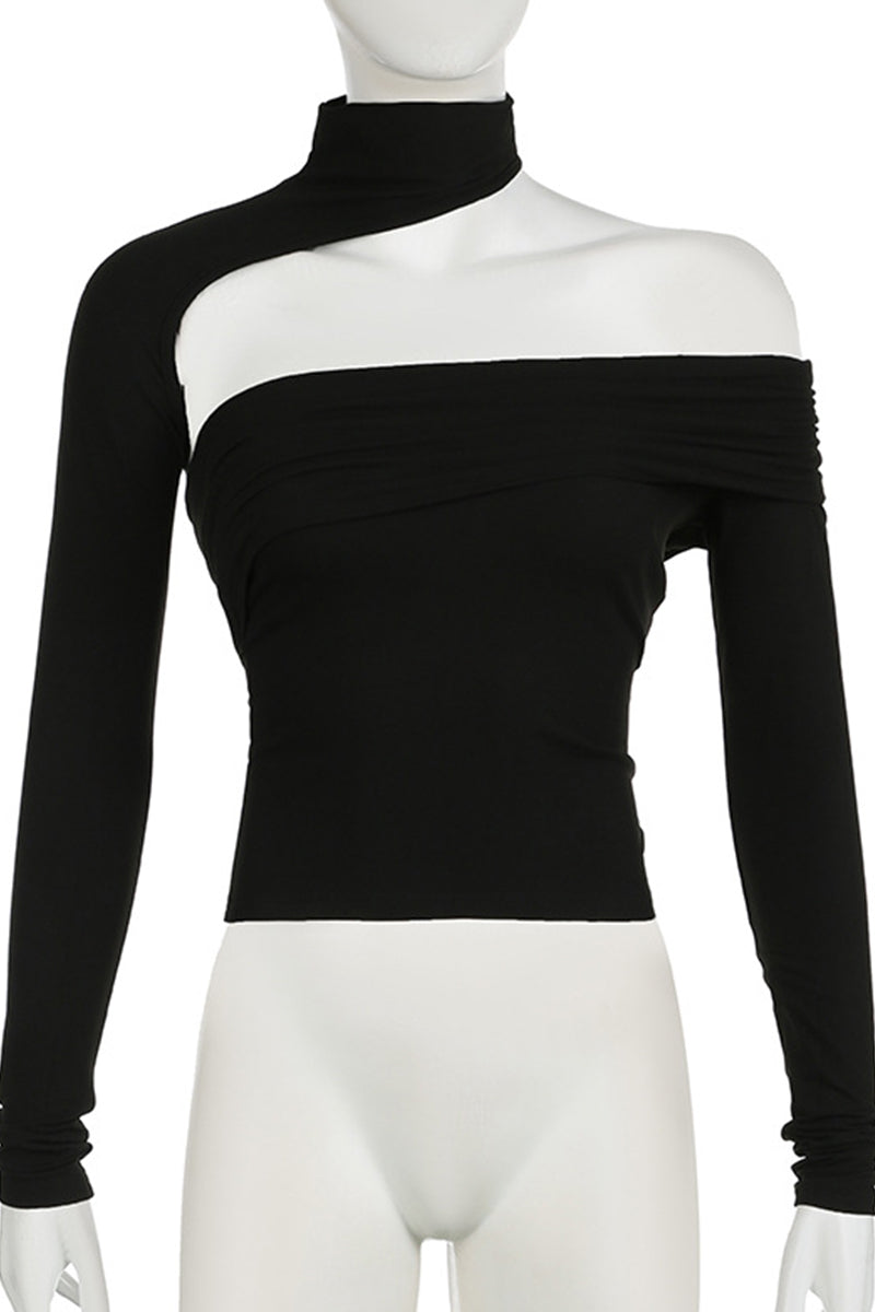 Black Sexy Solid Color Hollow Out Patchwork O Neck Tops
