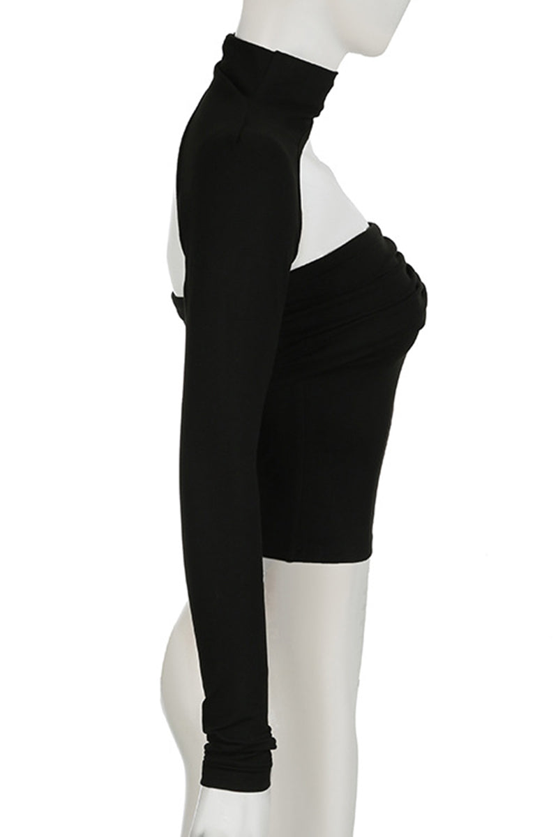 Black Sexy Solid Color Hollow Out Patchwork O Neck Tops