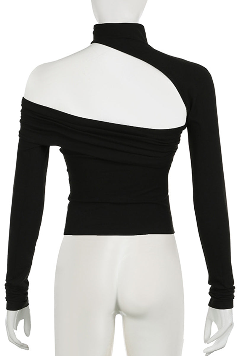 Black Sexy Solid Color Hollow Out Patchwork O Neck Tops