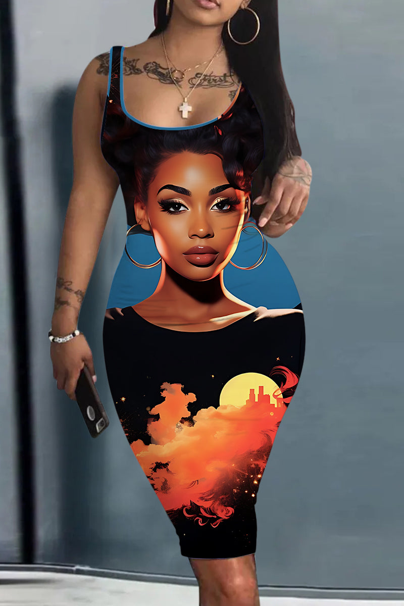Casual Figure Print Basic U Neck Vest Dress