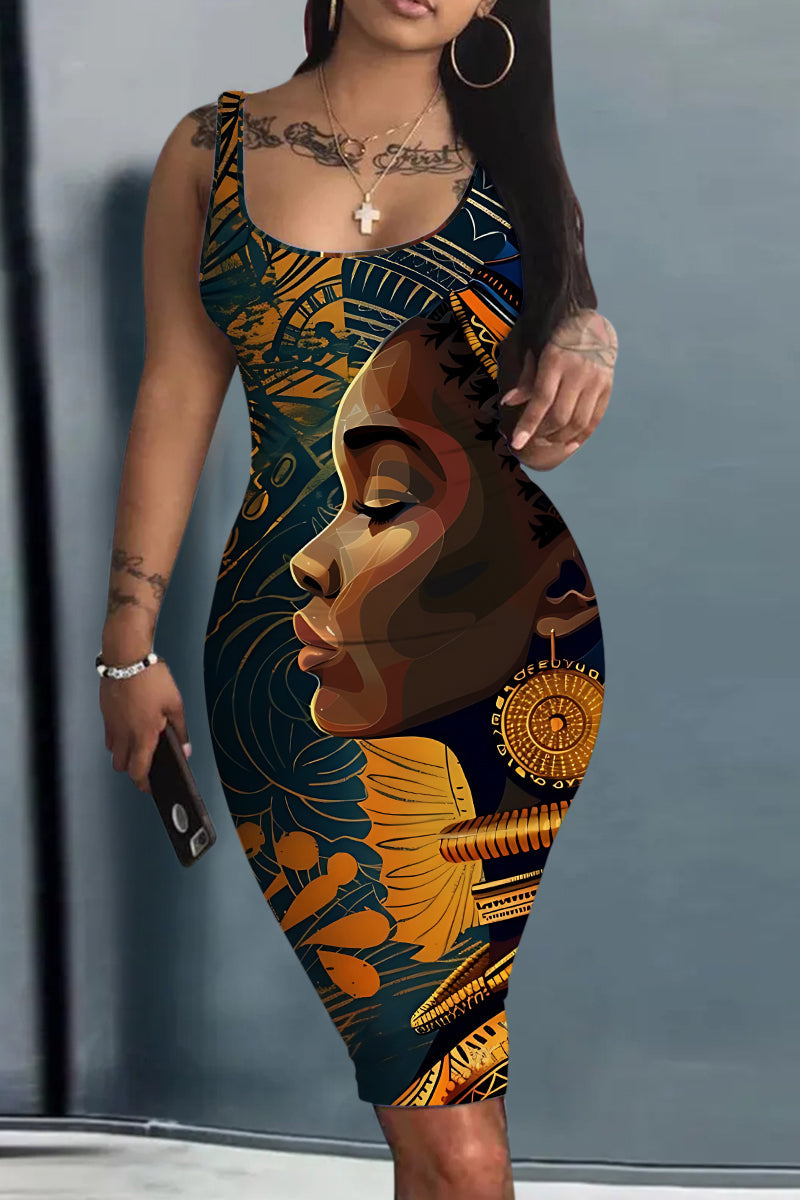 Casual Figure Print Basic U Neck Vest Dress