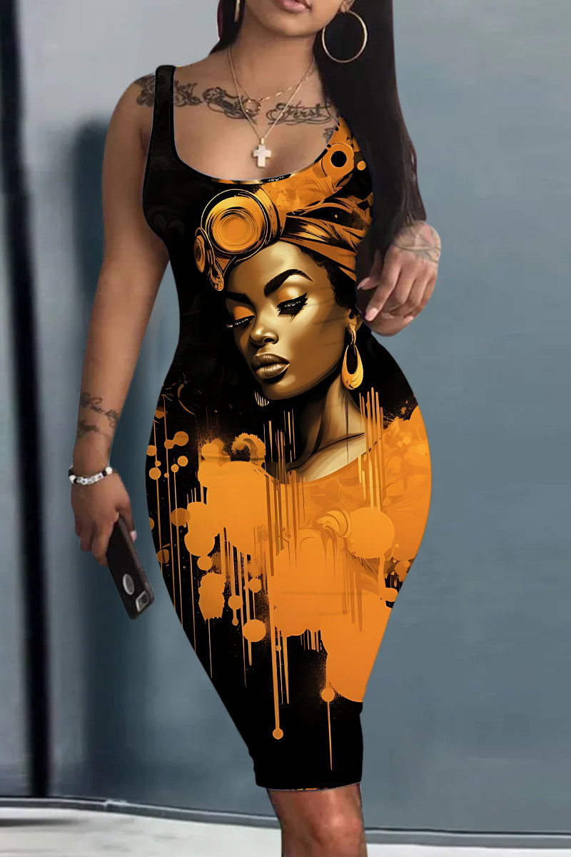 Casual Figure Print Basic U Neck Vest Dress