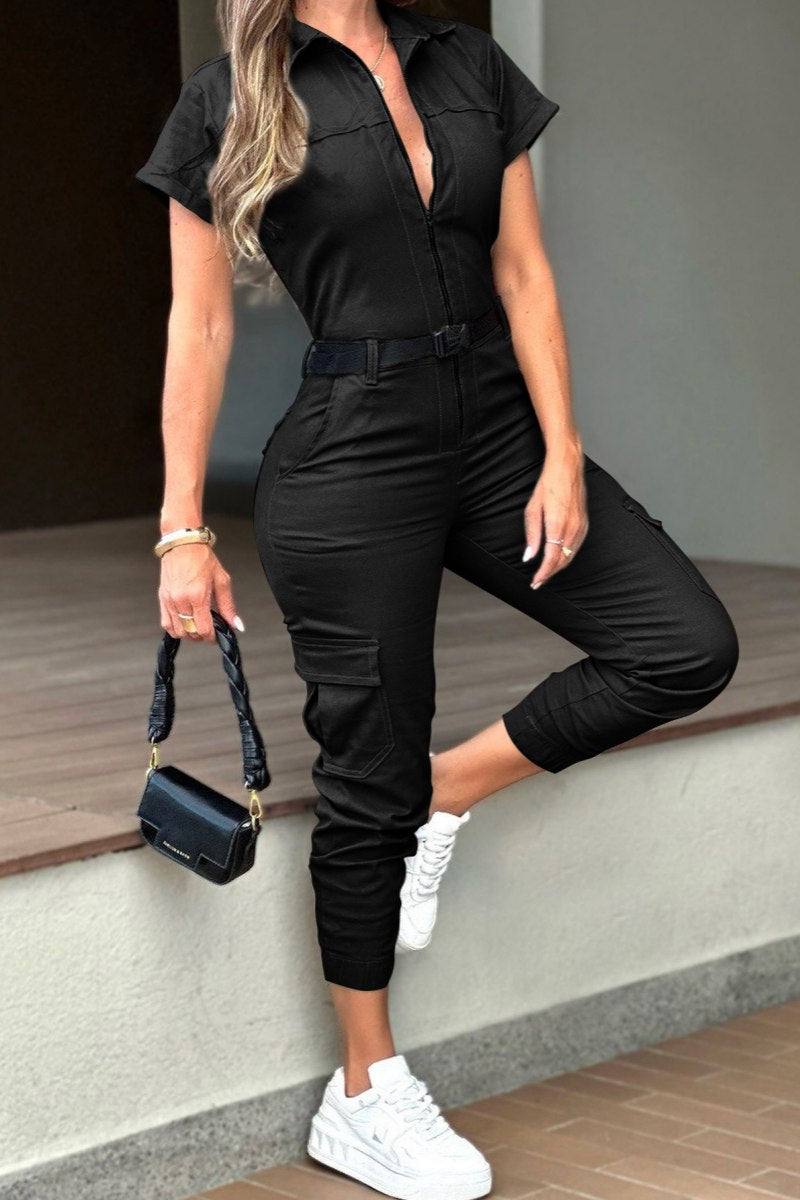 Casual Zipper Front Short Sleeve Belted Pockets Utility Cargo Jumpsuit