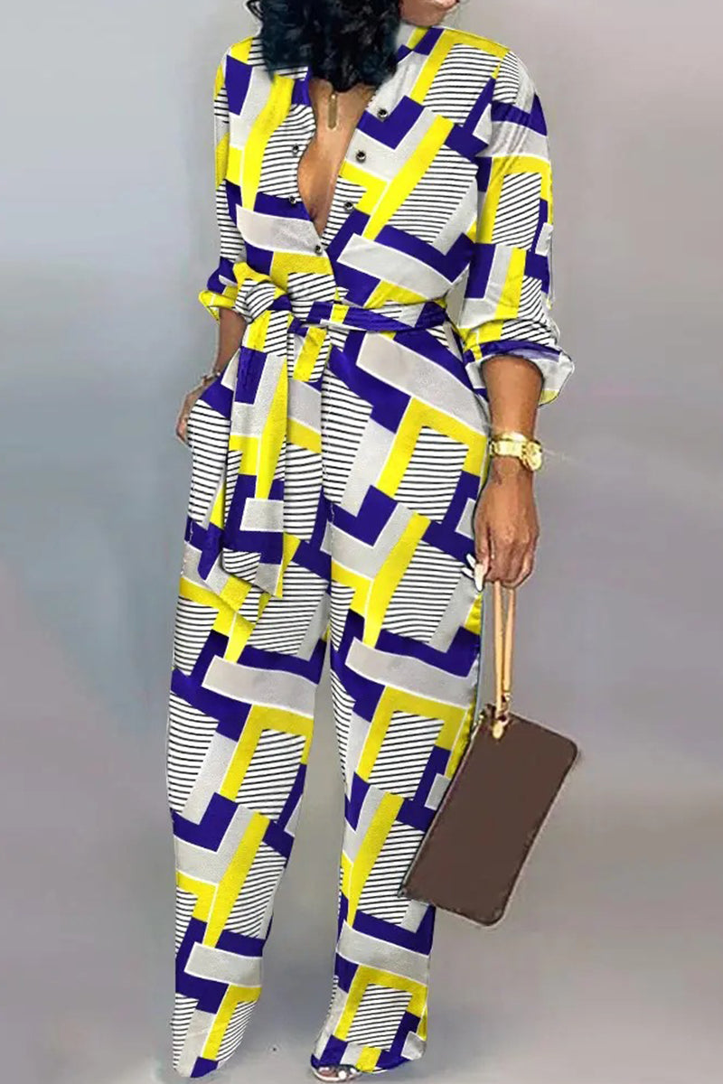Casual Stripe Print Buckle Strap Design Turndown Collar Long Sleeve Vacation Jumpsuits