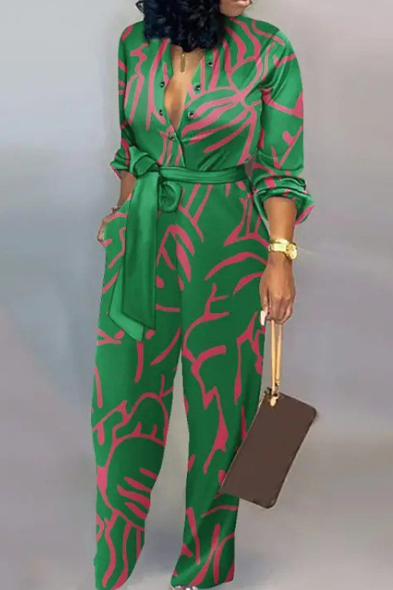Casual Stripe Print Buckle Strap Design Turndown Collar Long Sleeve Vacation Jumpsuits