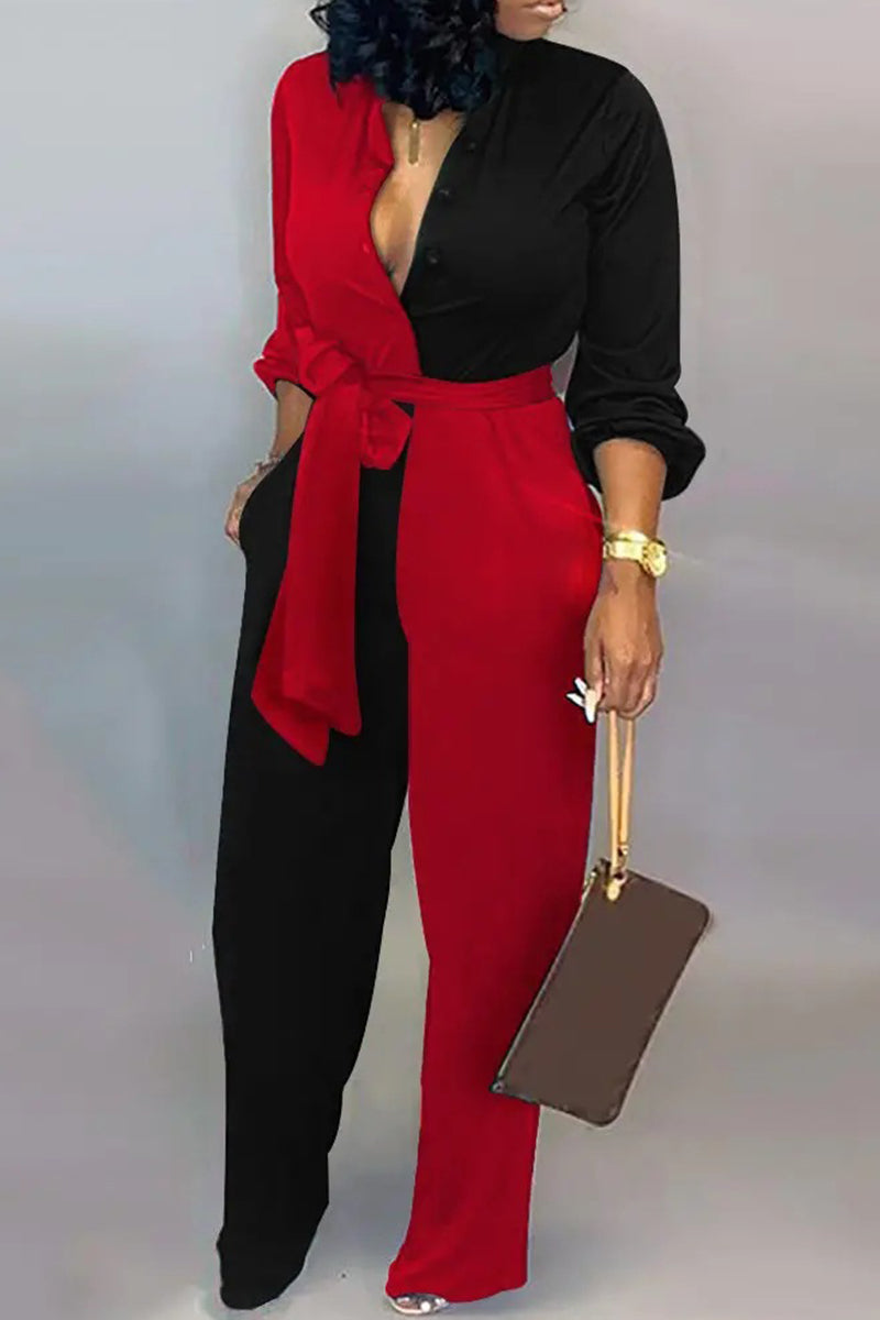 Casual Stripe Print Buckle Strap Design Turndown Collar Long Sleeve Vacation Jumpsuits