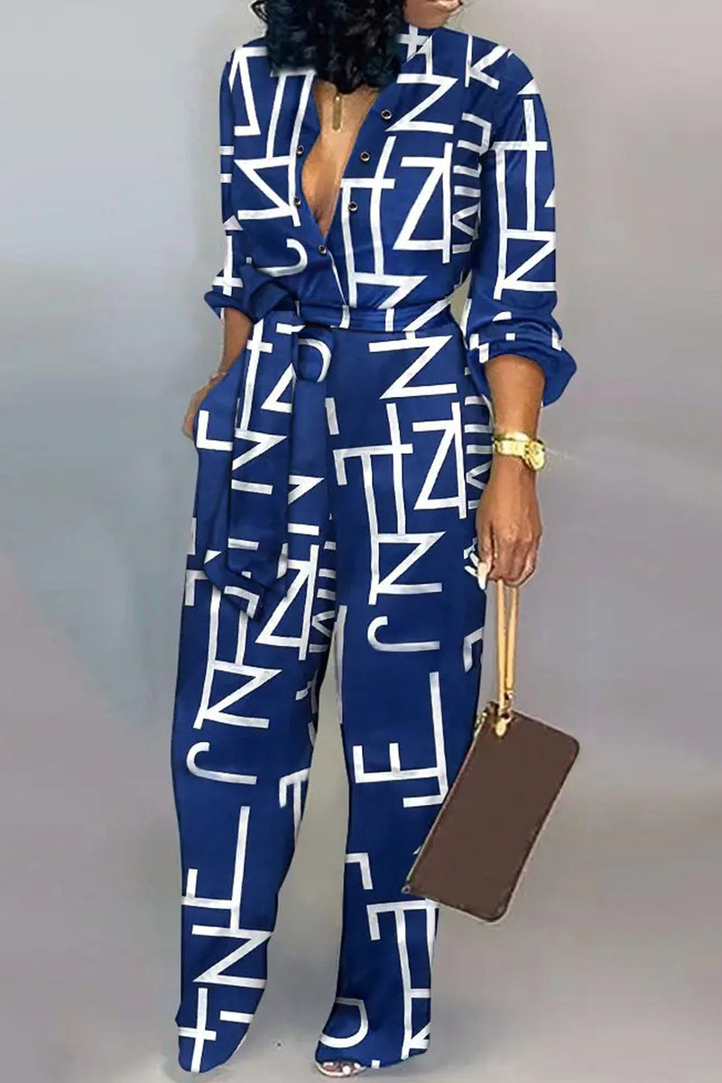 Casual Stripe Print Buckle Strap Design Turndown Collar Long Sleeve Vacation Jumpsuits