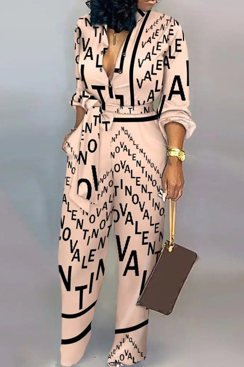 Casual Stripe Print Buckle Strap Design Turndown Collar Long Sleeve Vacation Jumpsuits
