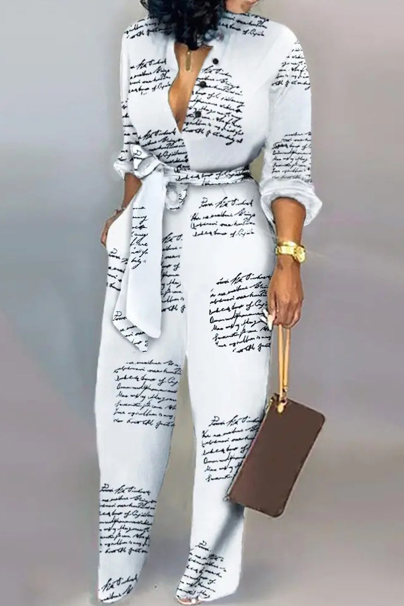 Casual Stripe Print Buckle Strap Design Turndown Collar Long Sleeve Vacation Jumpsuits