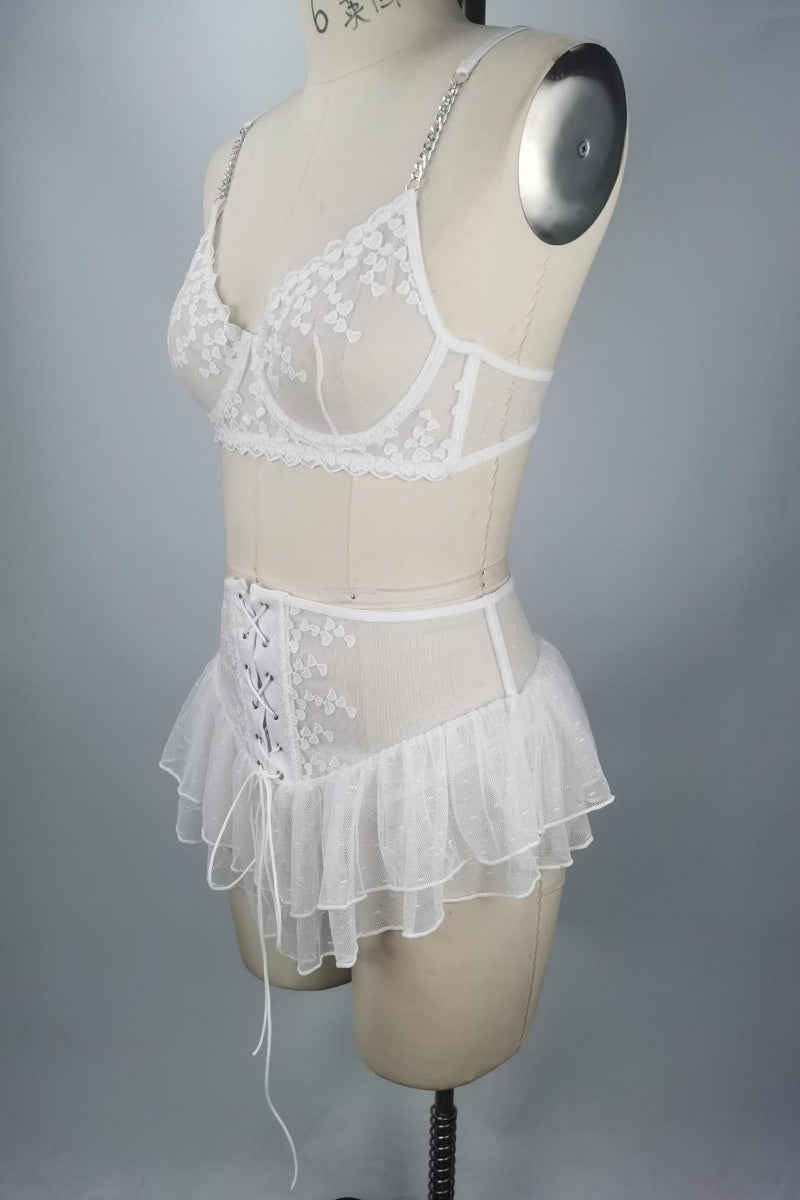 White Sexy Solid Color Lace Up See-Through Backless Patchwork Lingerie