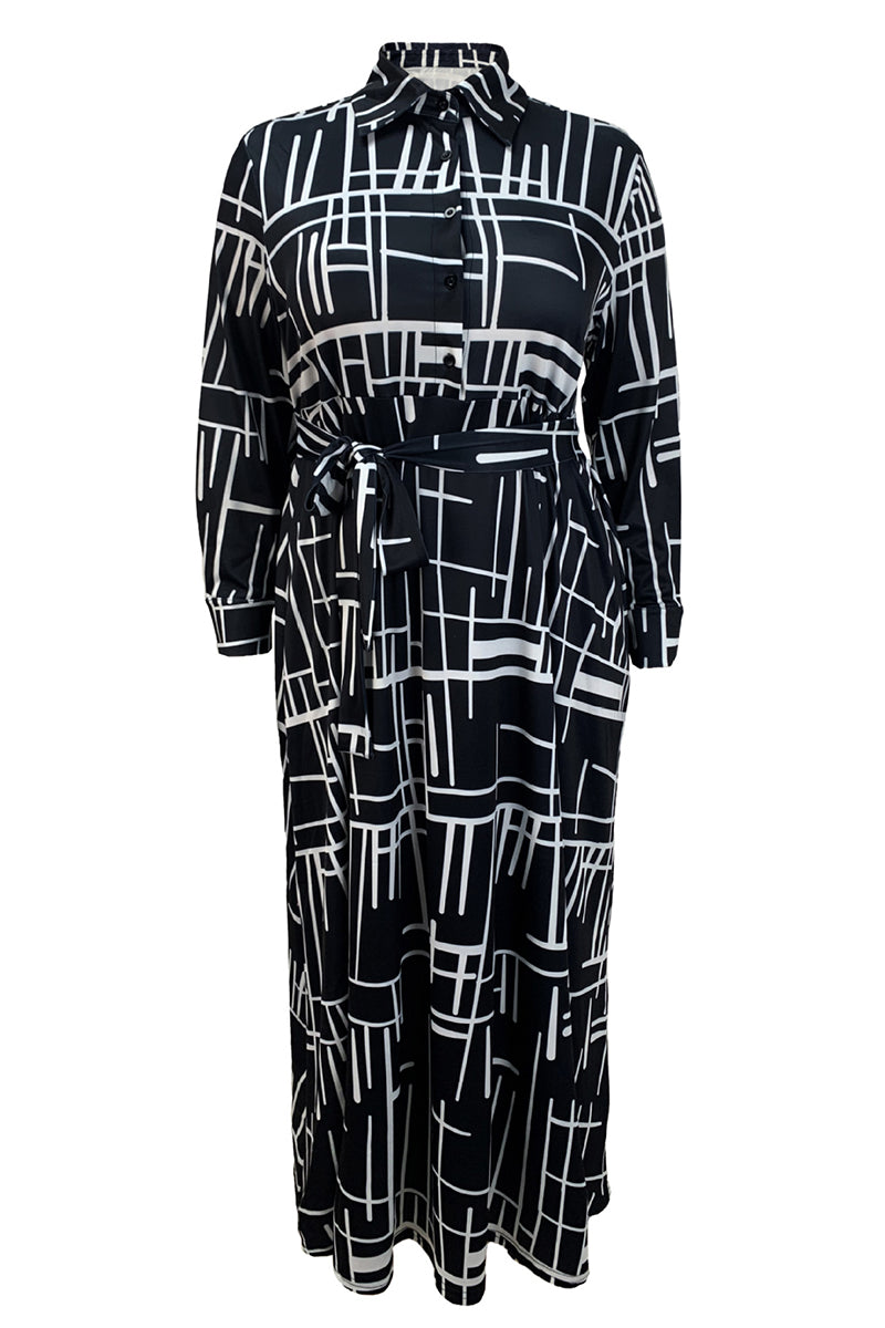 Elegant Stripe Buckle Patchwork Strap Design Turndown Collar Long Plus Size Dresses