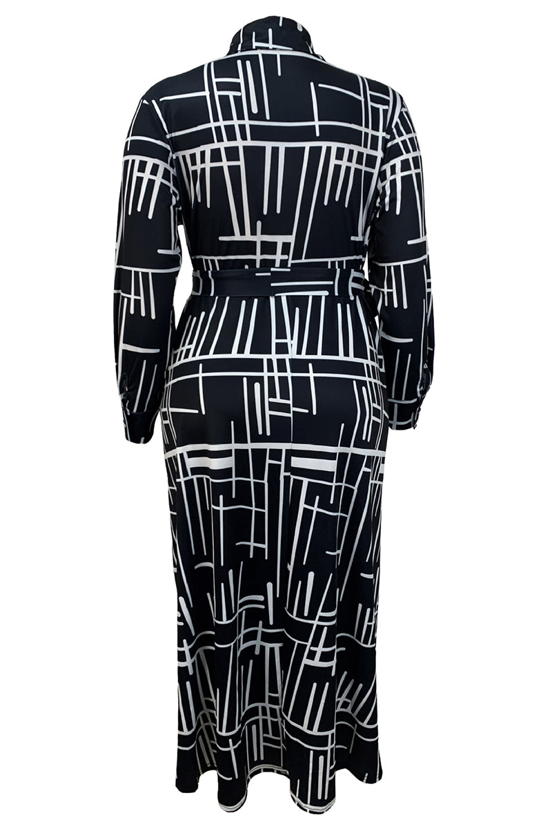 Elegant Stripe Buckle Patchwork Strap Design Turndown Collar Long Plus Size Dresses