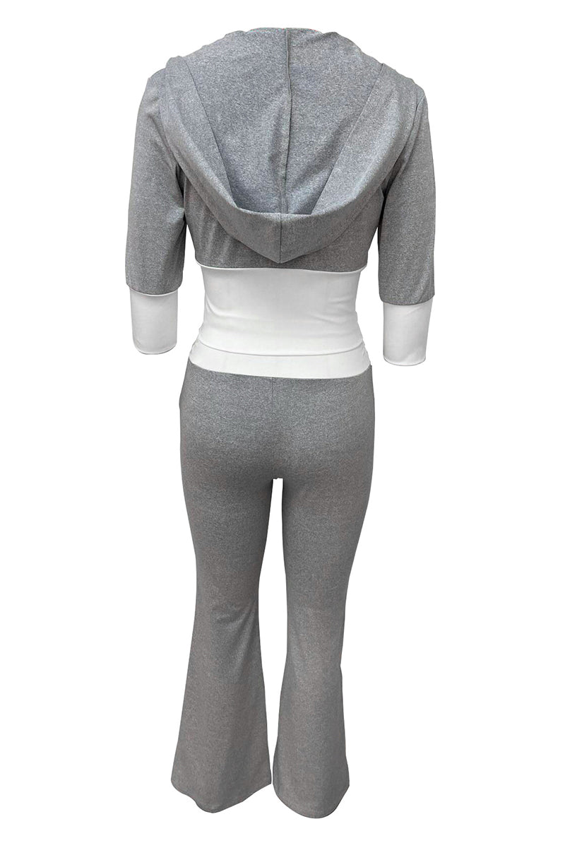 Light Gray Casual Patchwork Zipper Contrast Hooded Long Sleeve Two Pieces