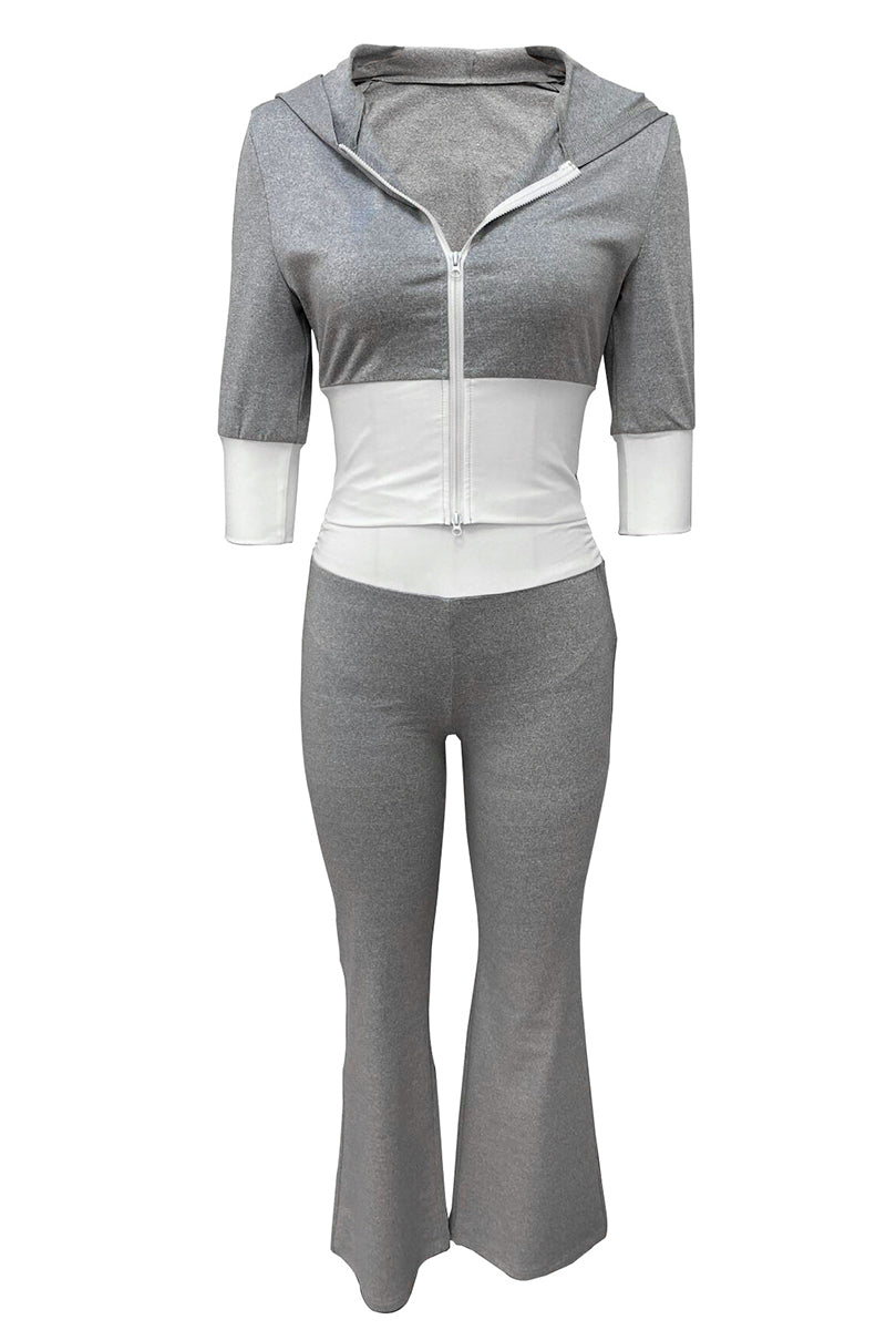 Light Gray Casual Patchwork Zipper Contrast Hooded Long Sleeve Two Pieces