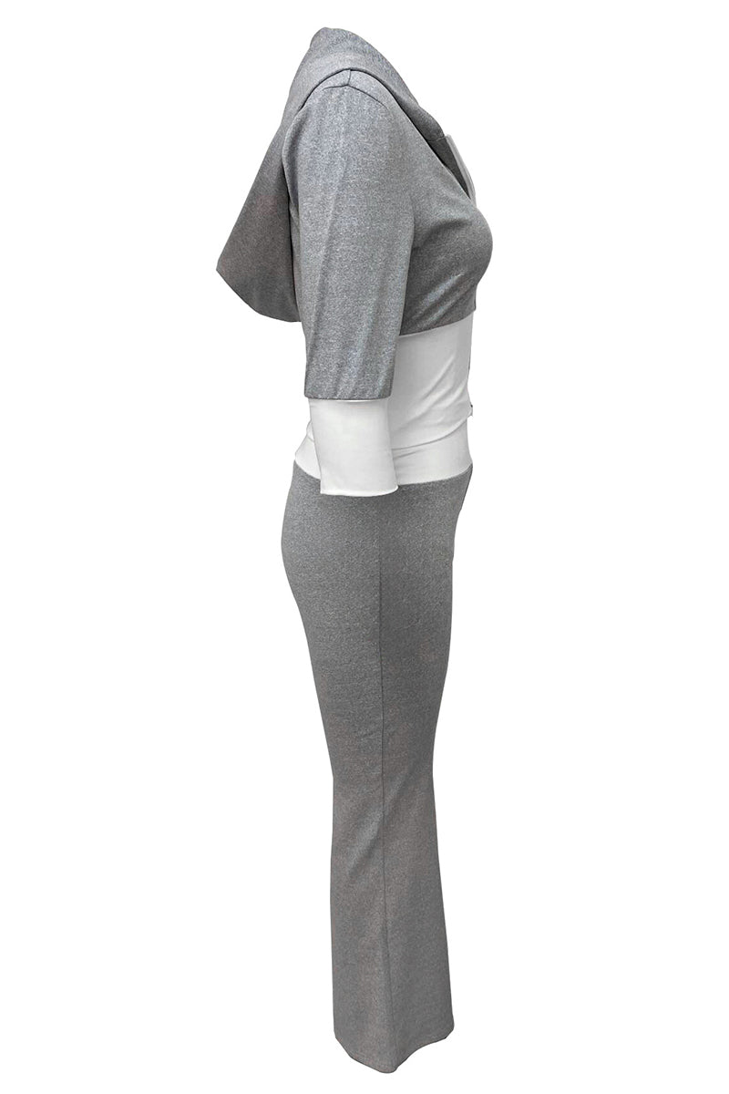 Light Gray Casual Patchwork Zipper Contrast Hooded Long Sleeve Two Pieces