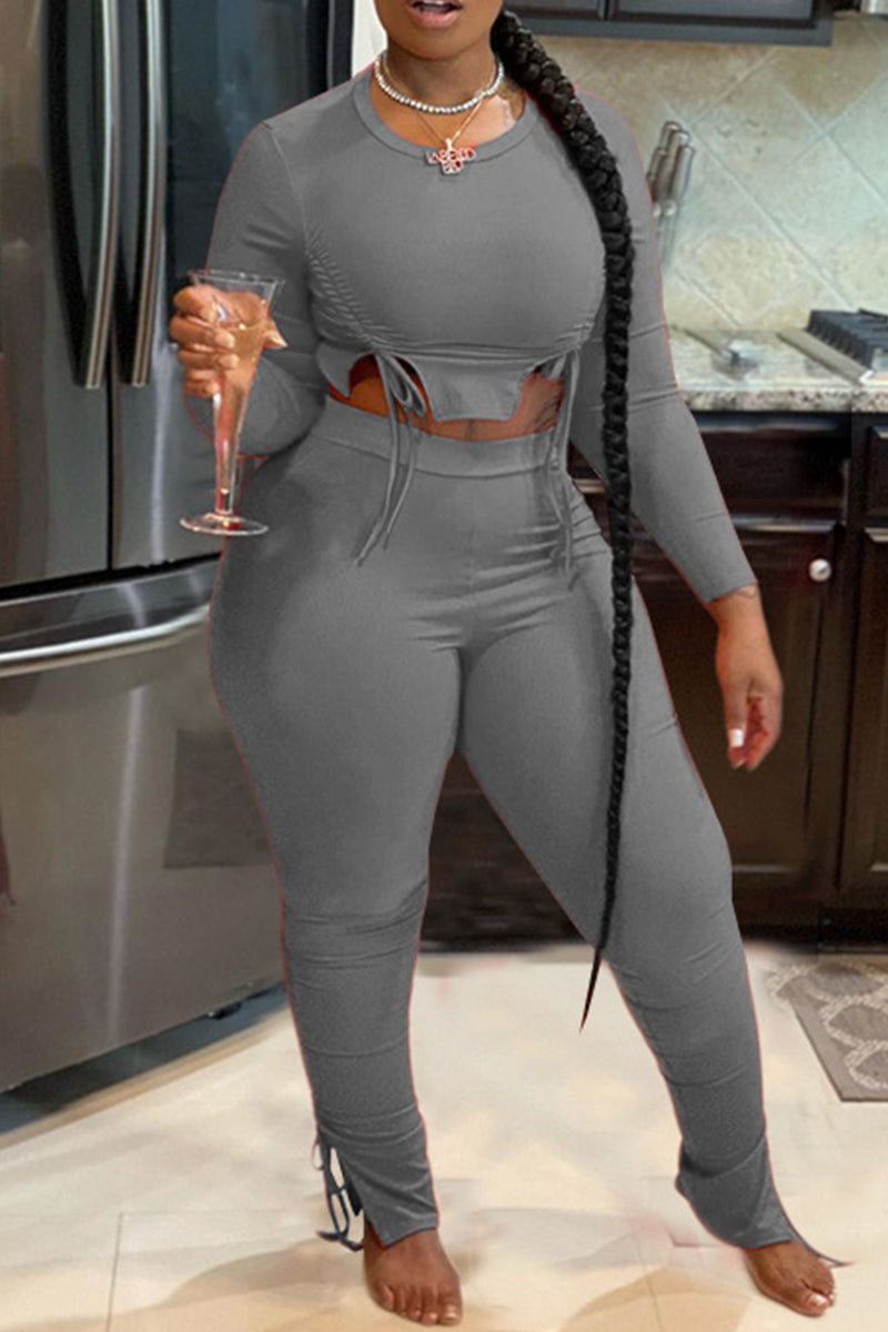 Casual Solid Color Draw String Patchwork O Neck Long Sleeve Two Pieces