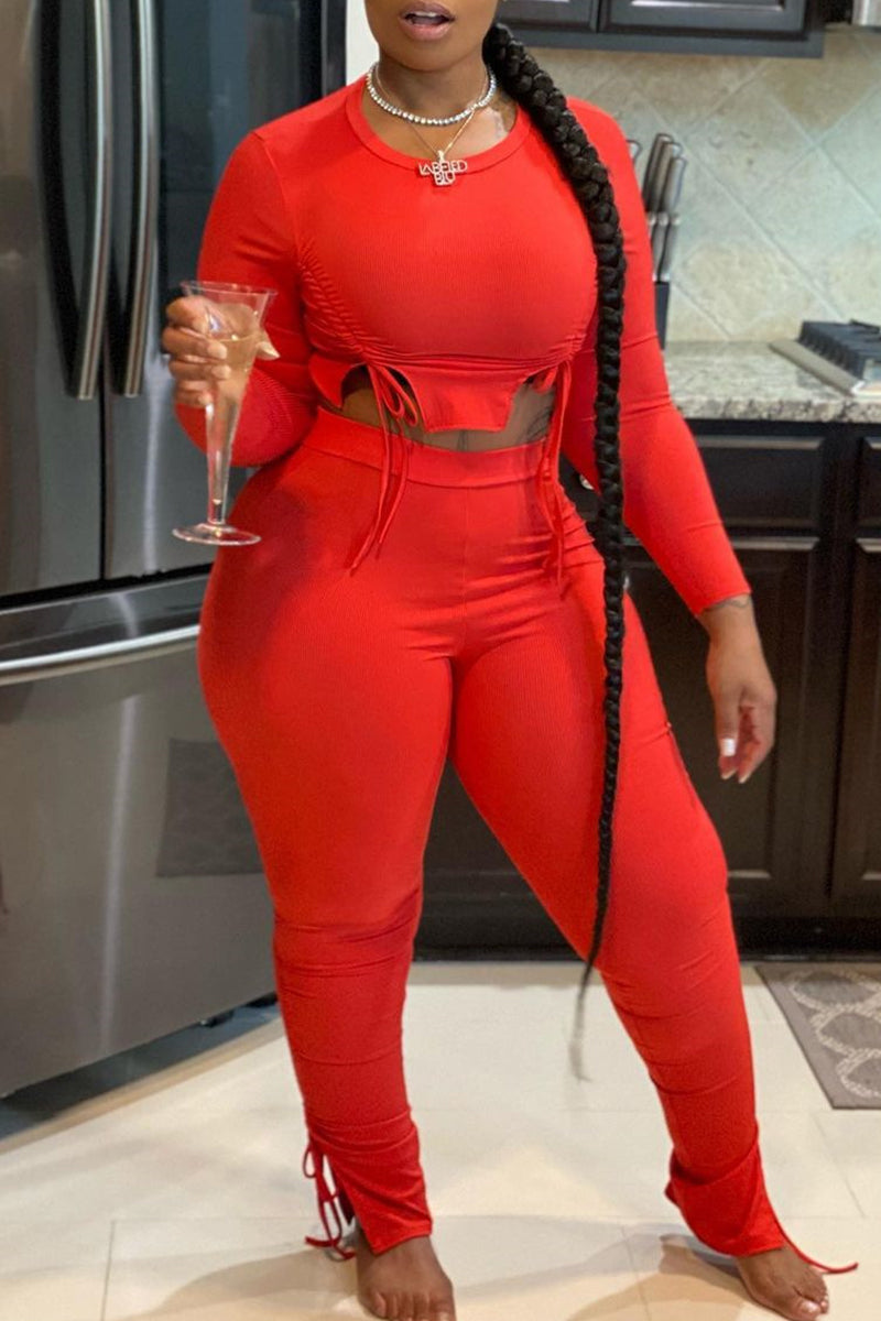Casual Solid Color Draw String Patchwork O Neck Long Sleeve Two Pieces