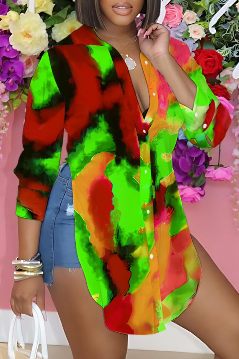 Casual Print Buttons Slit Shirt Collar Tops