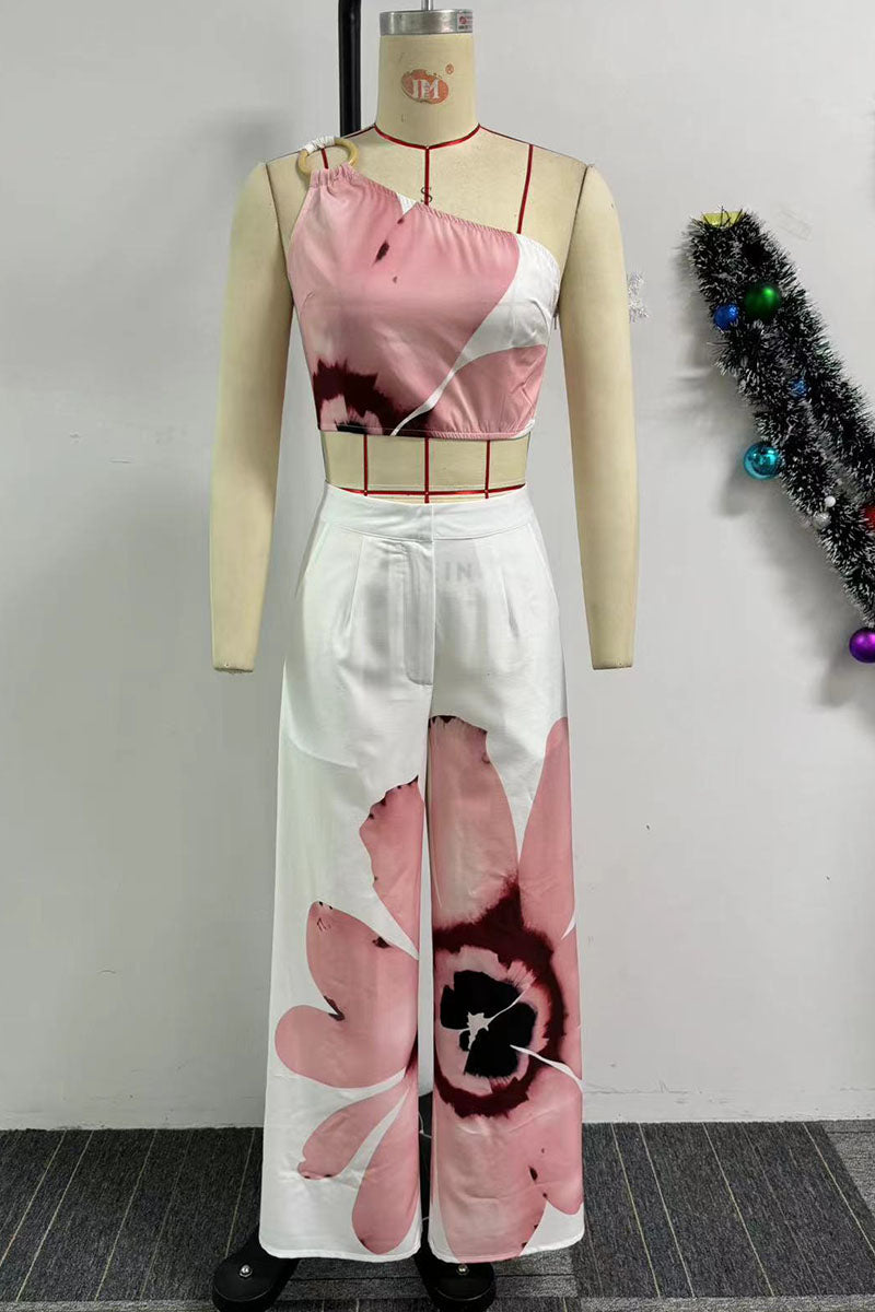 Casual Street Daily Vacation Floral Print One Shoulder Sleeveless Two Pieces