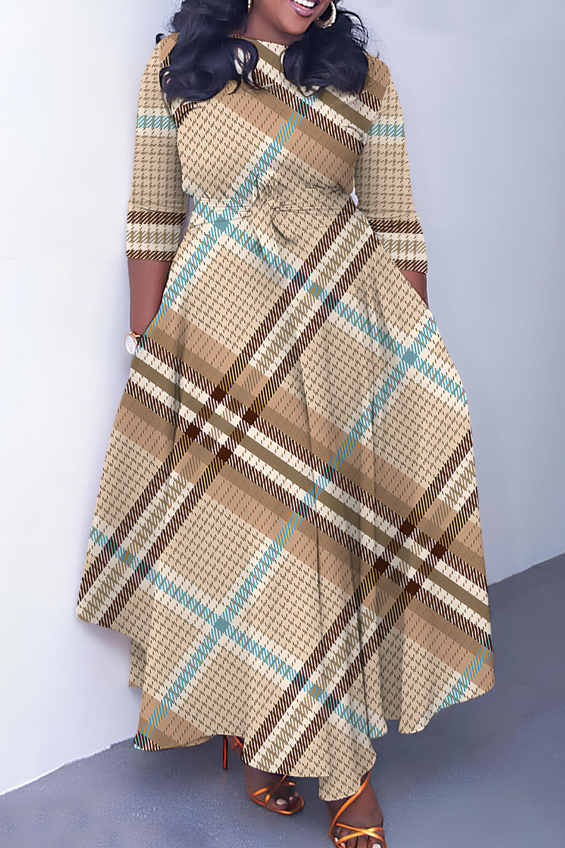 Khaki Casual Print Basic Belted O Neck Long Dresses