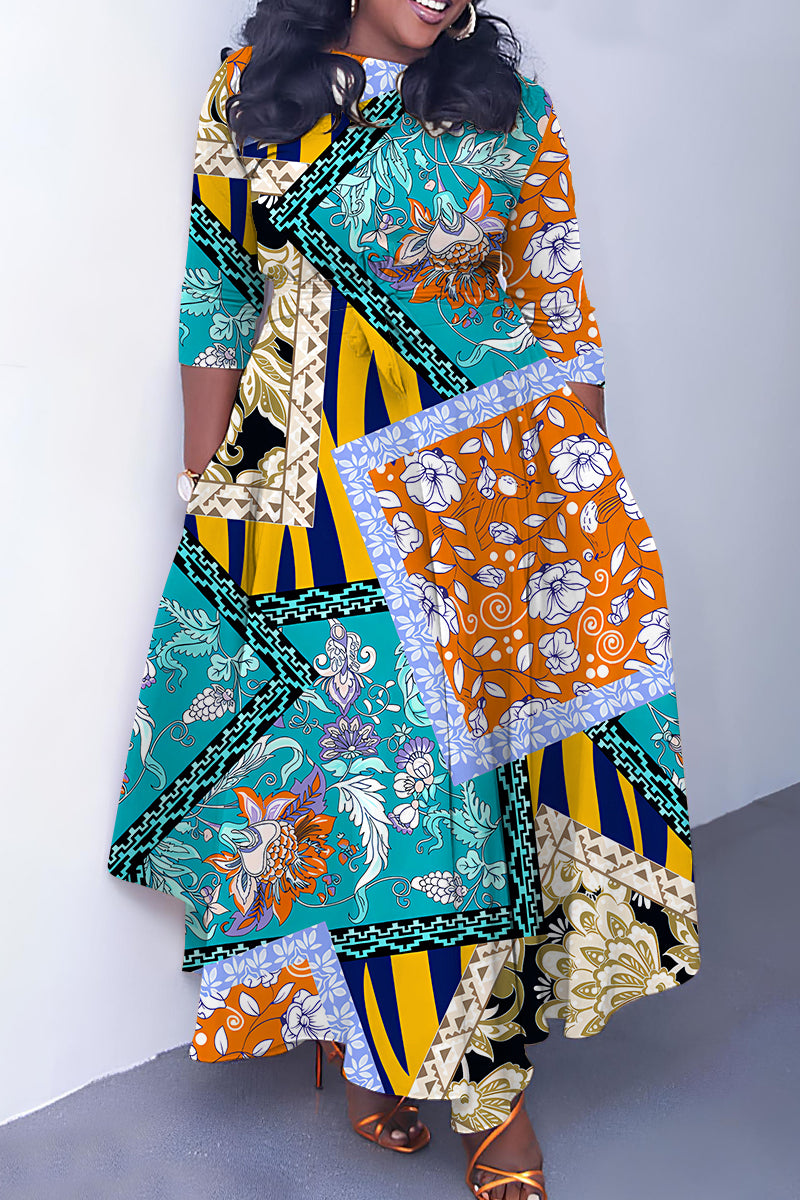 Khaki Casual Print Basic Belted O Neck Long Dresses
