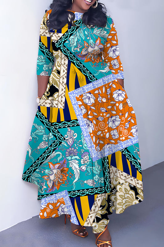 Khaki Casual Print Basic Belted O Neck Long Dresses