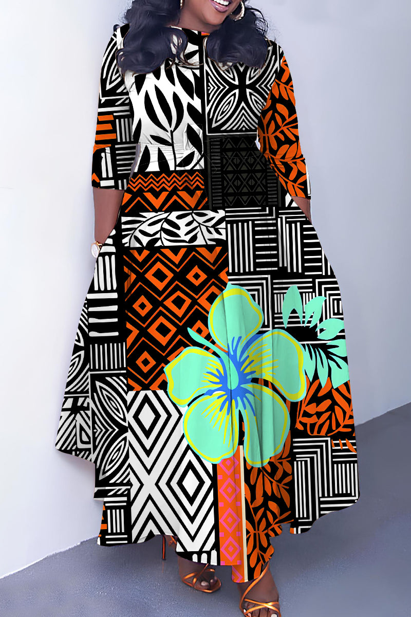 Khaki Casual Print Basic Belted O Neck Long Dresses