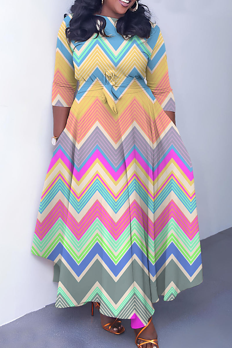 Khaki Casual Print Basic Belted O Neck Long Dresses