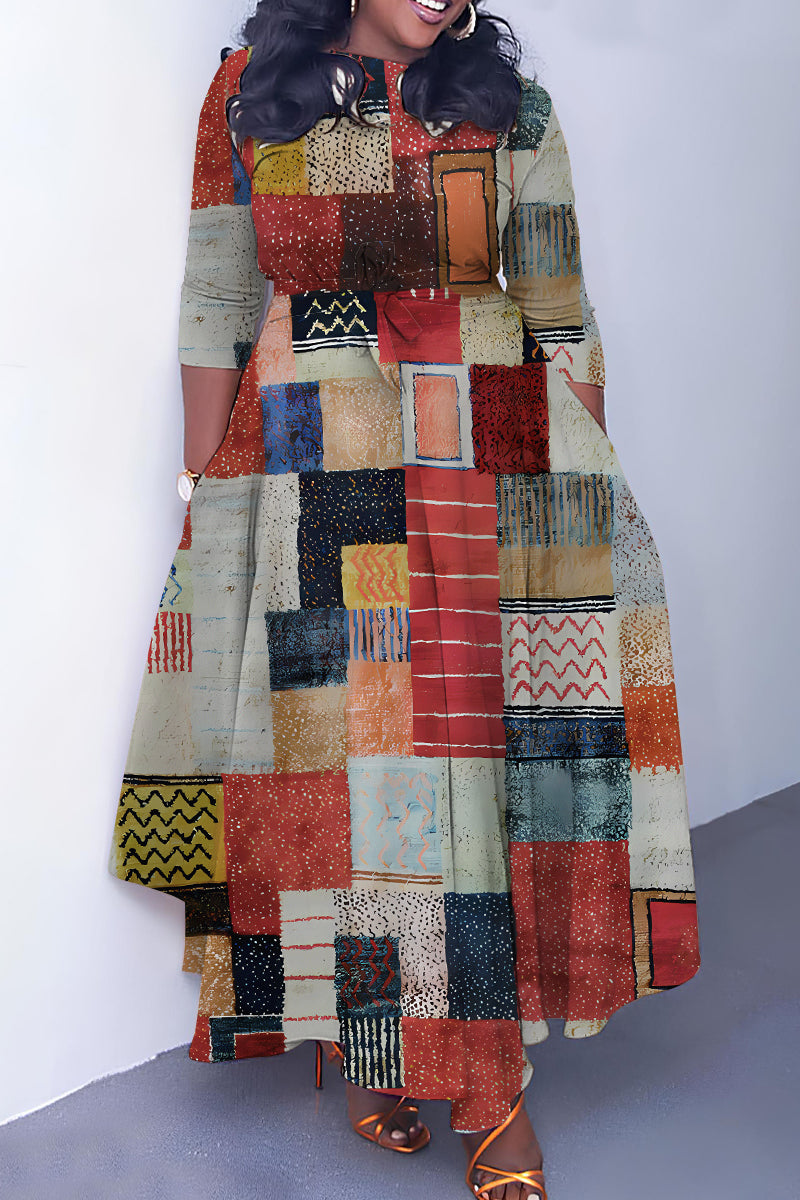 Khaki Casual Print Basic Belted O Neck Long Dresses