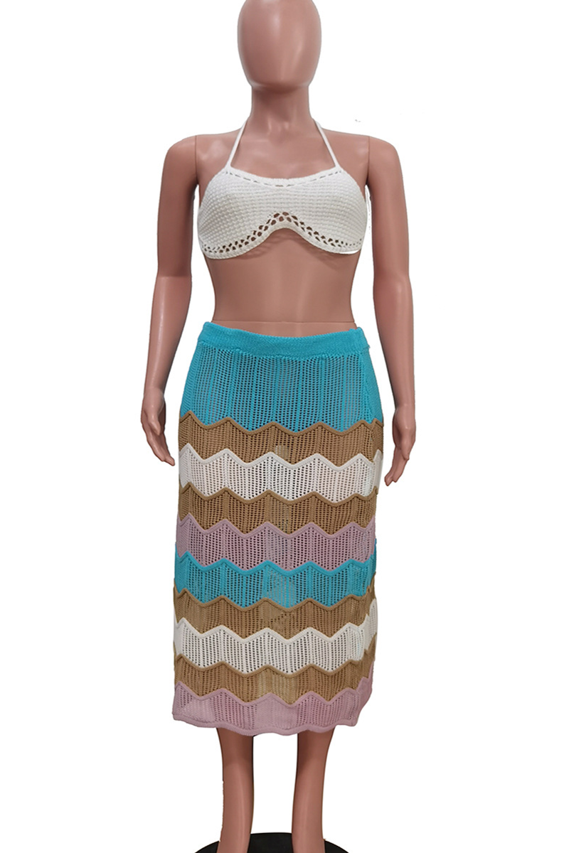 Casual Hollow Out Patchwork Halter Sleeveless Two Pieces