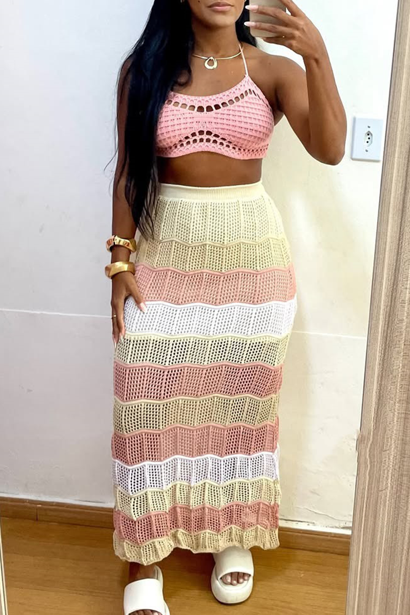 Casual Hollow Out Patchwork Halter Sleeveless Two Pieces