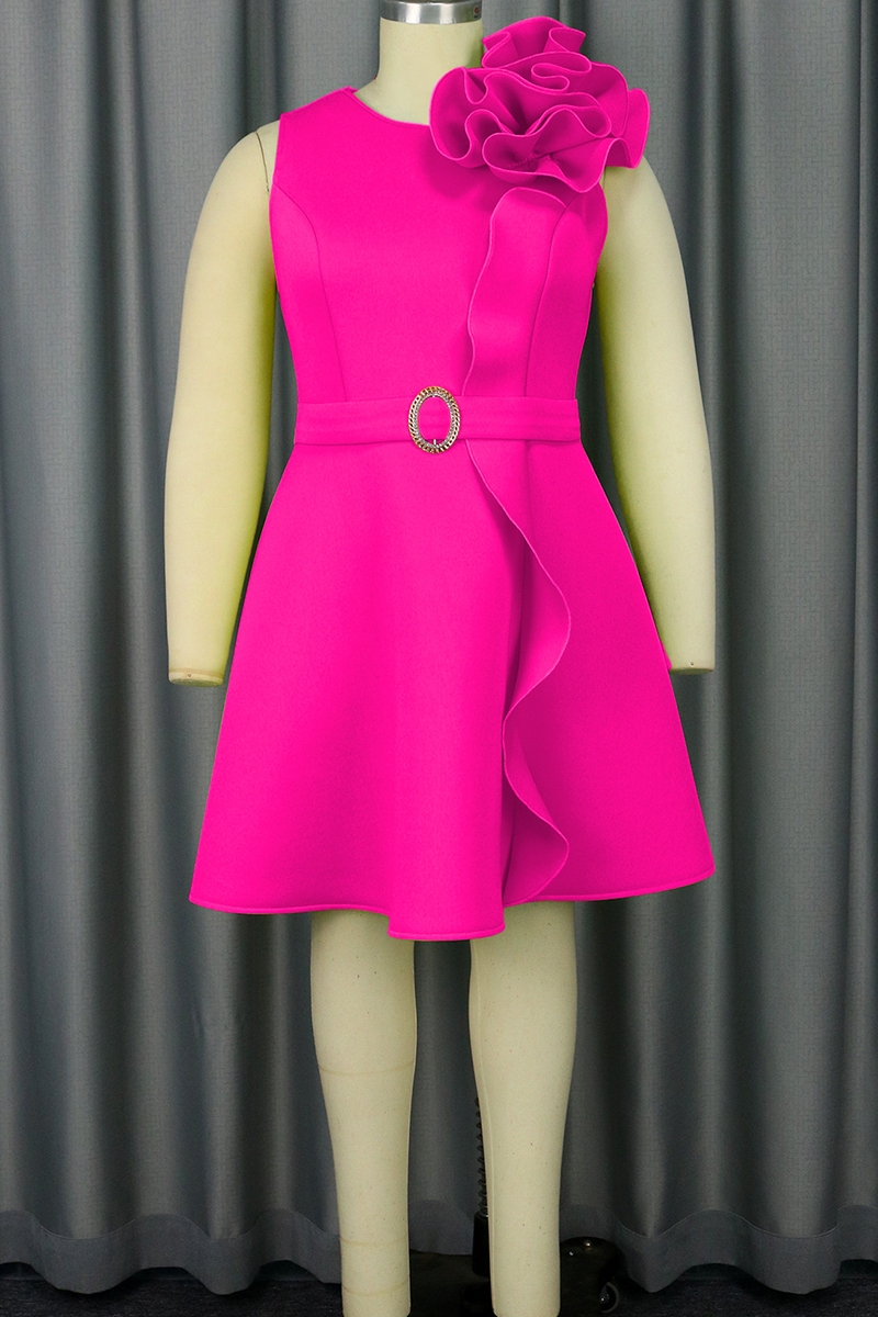 Rose Red Elegant Solid Color Patchwork With Belt Flower Shape O Neck Long Plus Size Dresses