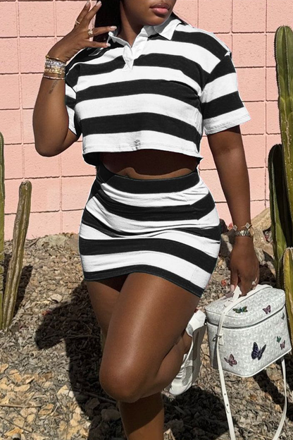 Casual Stripe Patchwork Turndown Collar Short Sleeve Two Pieces