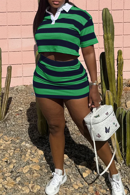 Casual Stripe Patchwork Turndown Collar Short Sleeve Two Pieces
