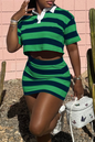 Casual Stripe Patchwork Turndown Collar Short Sleeve Two Pieces
