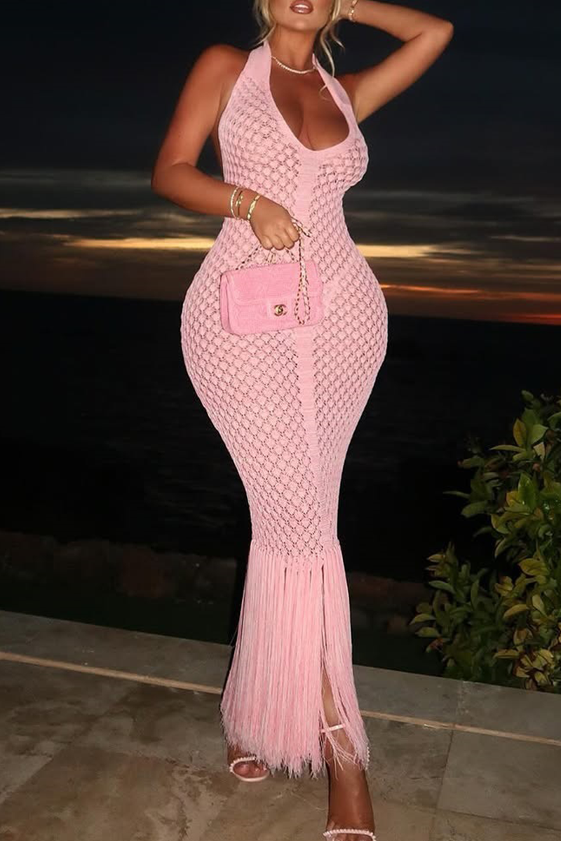 Pink Casual Solid Color Fringed Trim Patchwork Swimwears Cover Up