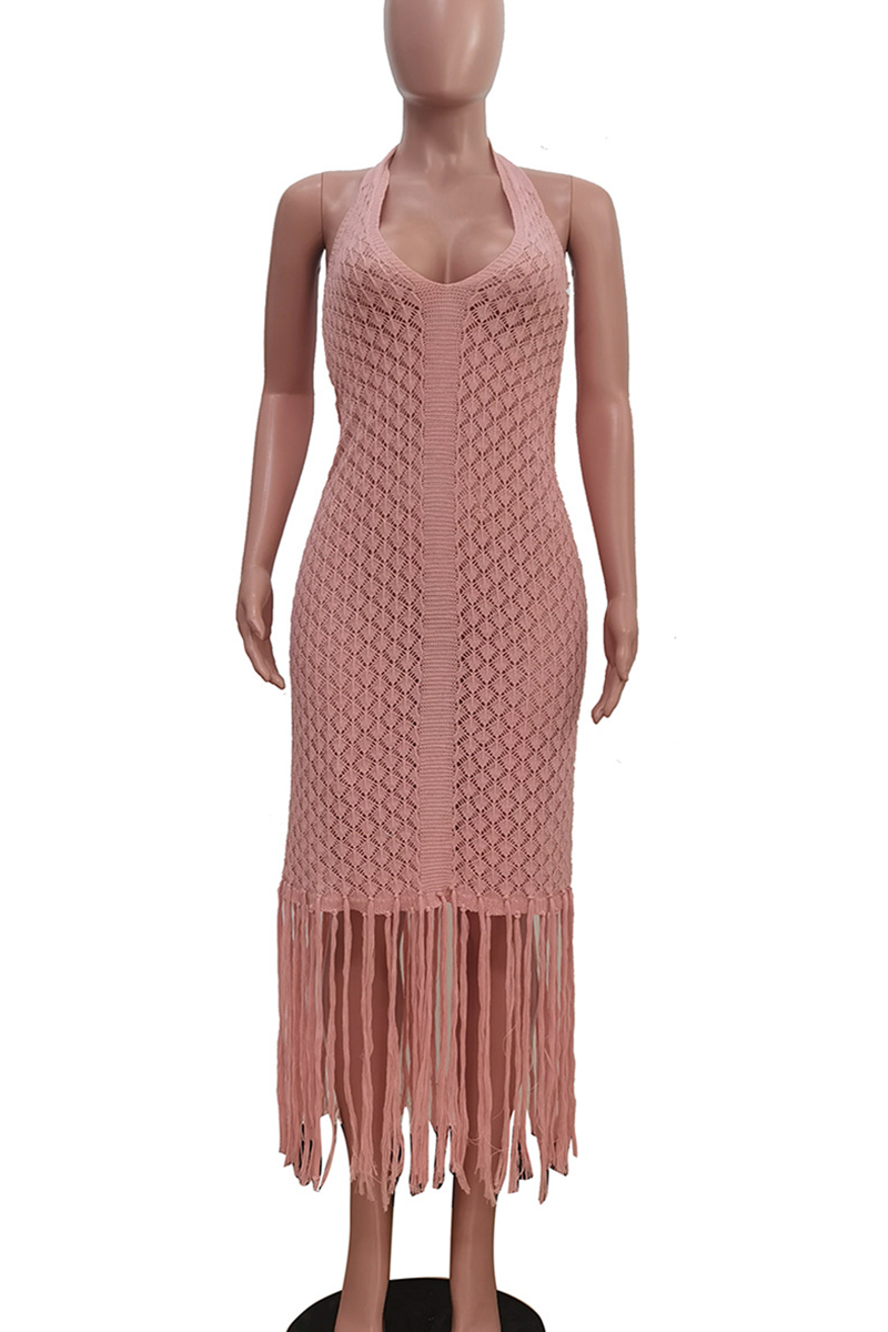 Pink Casual Solid Color Fringed Trim Patchwork Swimwears Cover Up