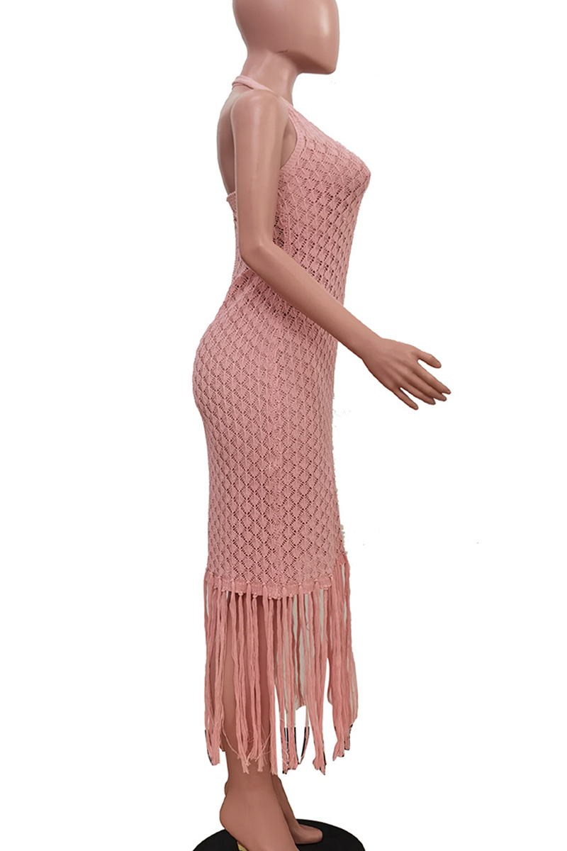 Pink Casual Solid Color Fringed Trim Patchwork Swimwears Cover Up