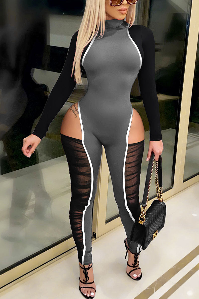 Sexy Solid Zipper Collar Skinny Jumpsuits