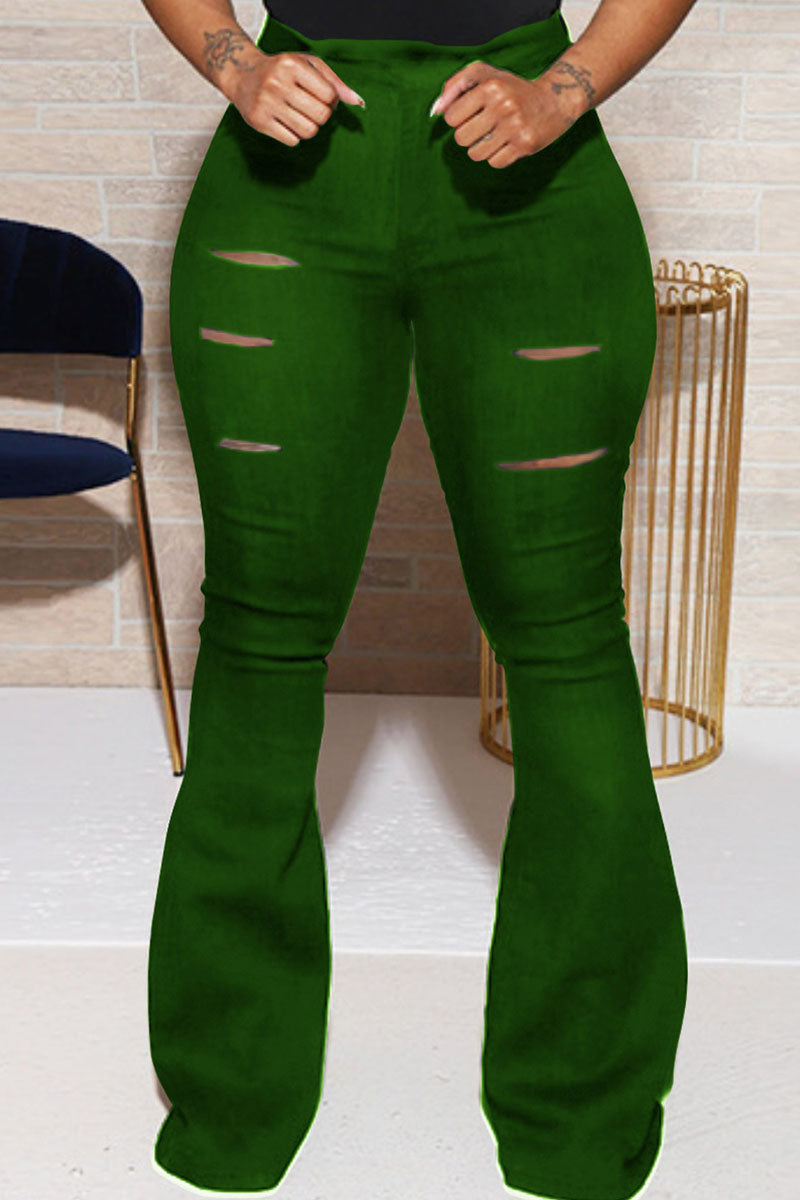 Street Solid Buttons Boot Cut High Waist Speaker Bottoms