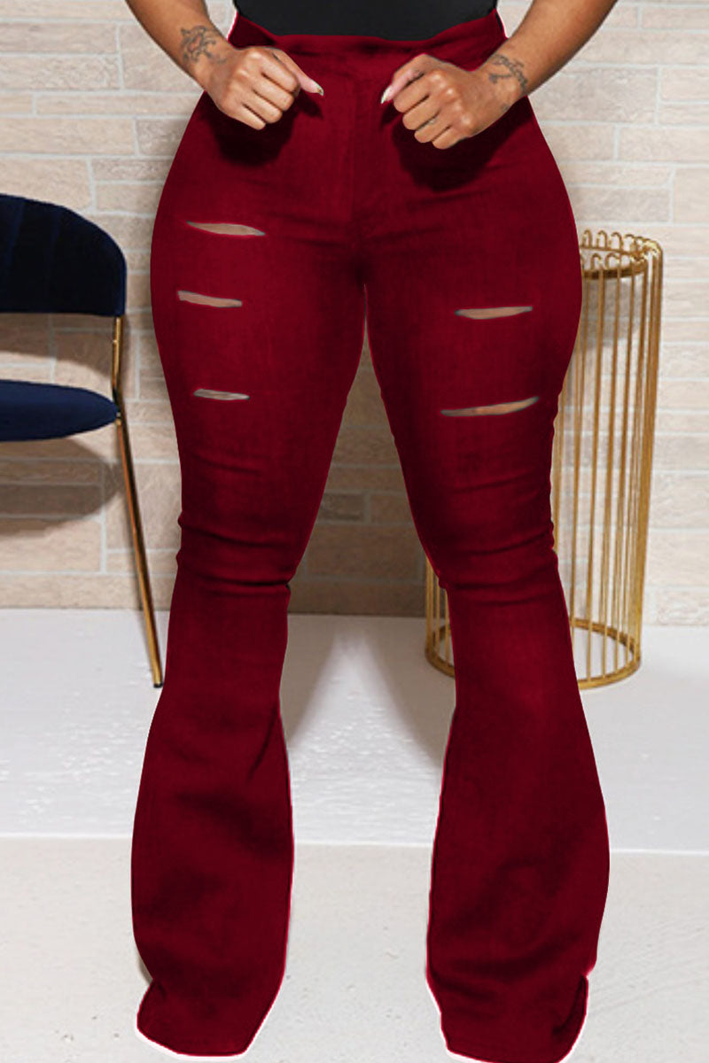 Street Solid Buttons Boot Cut High Waist Speaker Bottoms