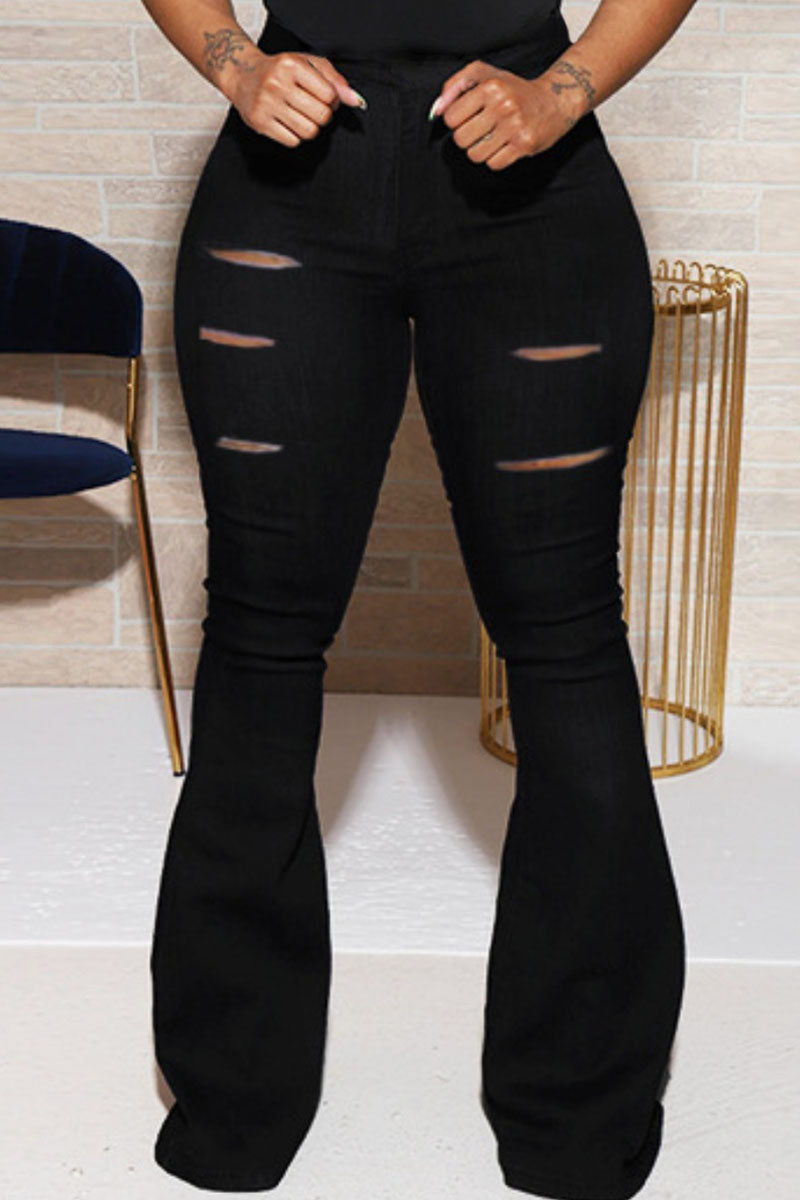 Street Solid Buttons Boot Cut High Waist Speaker Bottoms