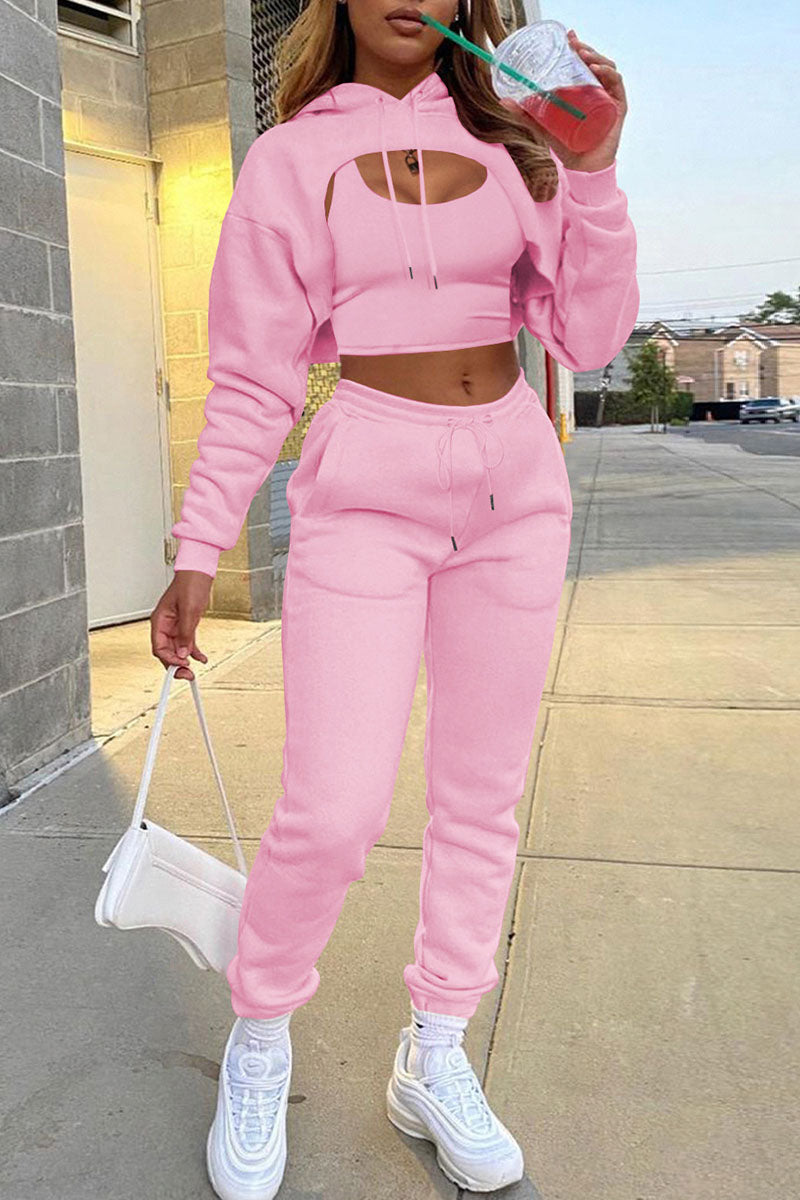 Casual Hooded Collar Long Sleeve Tank Tops Cover Up Hooded Collar Long Sleeve Crop Sweatshirt And Draw String Pocket Pants Three Pieces Sweatsuit Sets